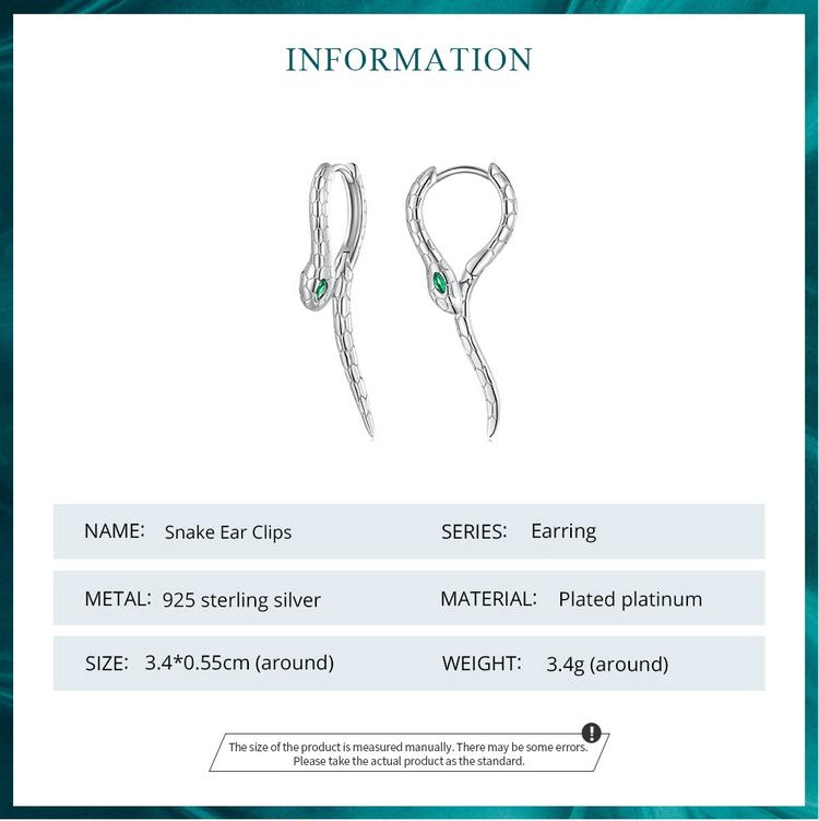BISAER 925 Sterling Silver Snake Hoop Earrings Green Zircon Animal Earrings Plated Platinum For Women Party Fine Jewelry