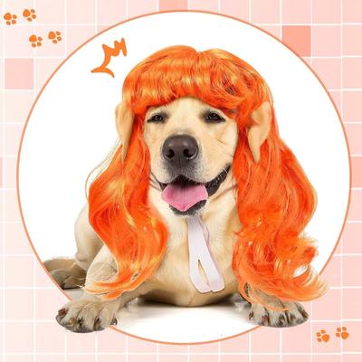 Light Gold & Rose Red Pet Headdress: Long Curly Wig with Bangs for Holiday Parties