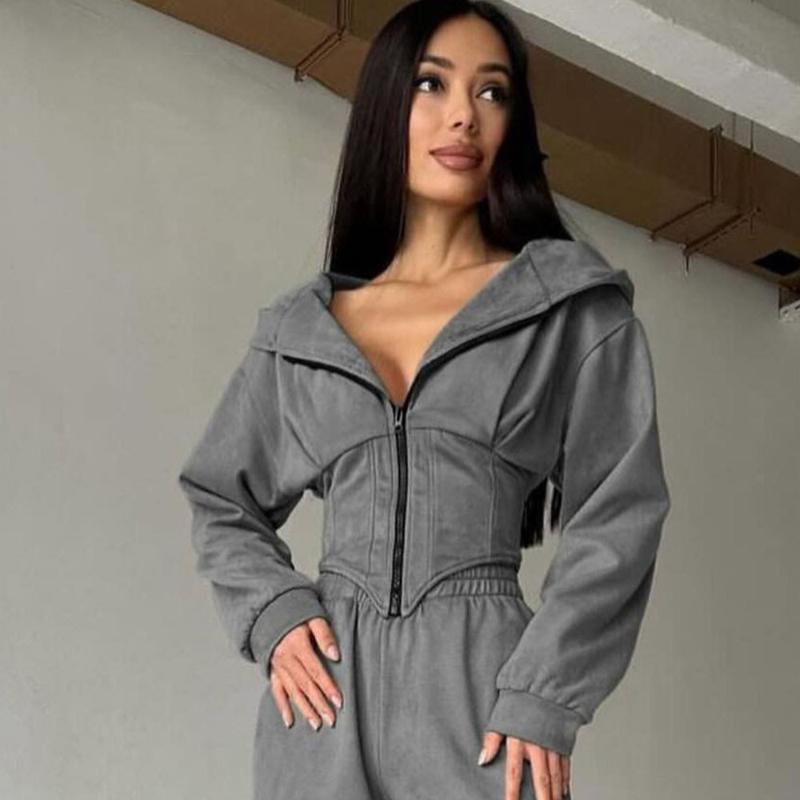 Design de jaqueta curta de rua europeia e americana para garota gostosa com modelagem de cintura tipo espartilho e moletom com zíper emagrecedor