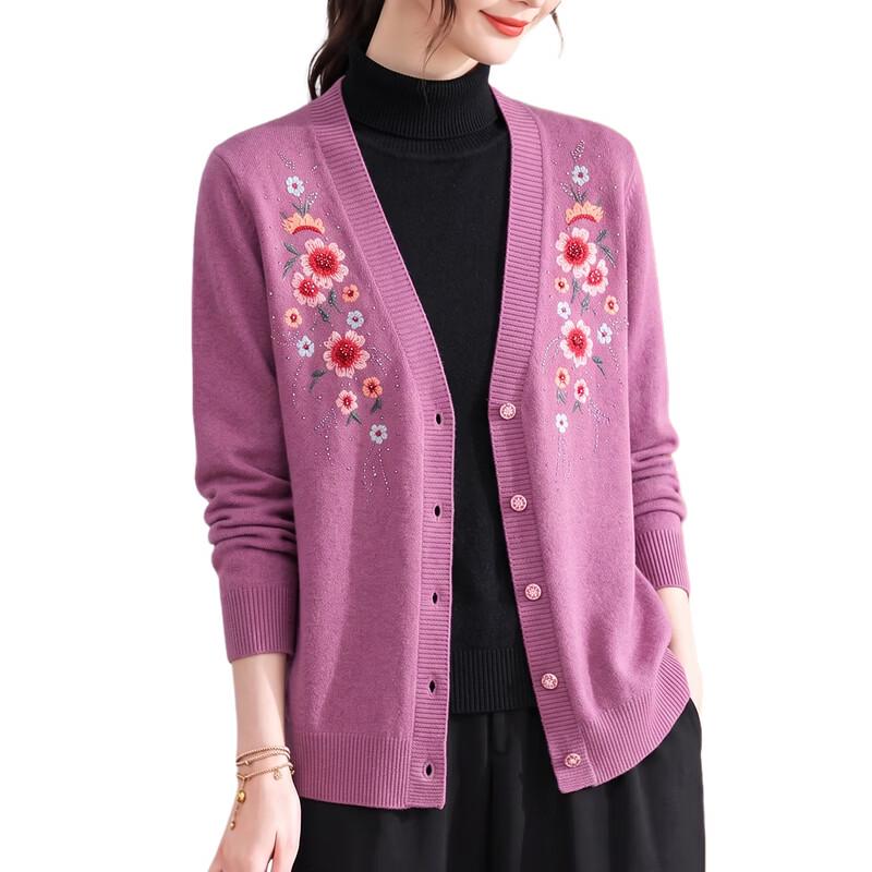 Hengyuanxiang Women's Embroidered V-Neck Knitted Cardigan