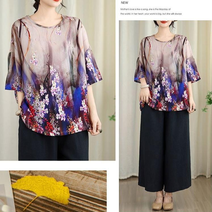 Women's Cotton Linen Printed T-Shirt Summer Thin Short Sleeve Loose Round Neck T-Shirt Top