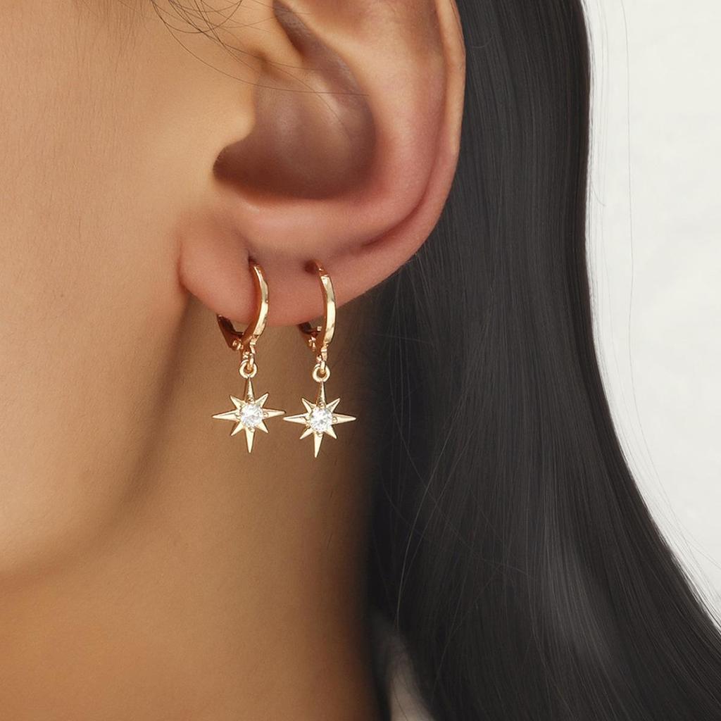 European and American Asymmetrical Star & Moon Earrings Set: Fashion Zircon Studs & Ear Cuffs