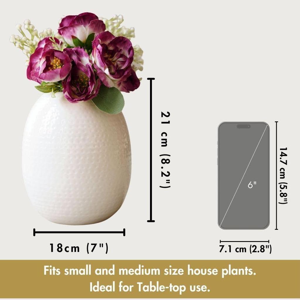 White Metal Hammered Oval Shape Vase for Home Decor Decoratives for Indoor Outdoor Living Room Balcony | Best Gift