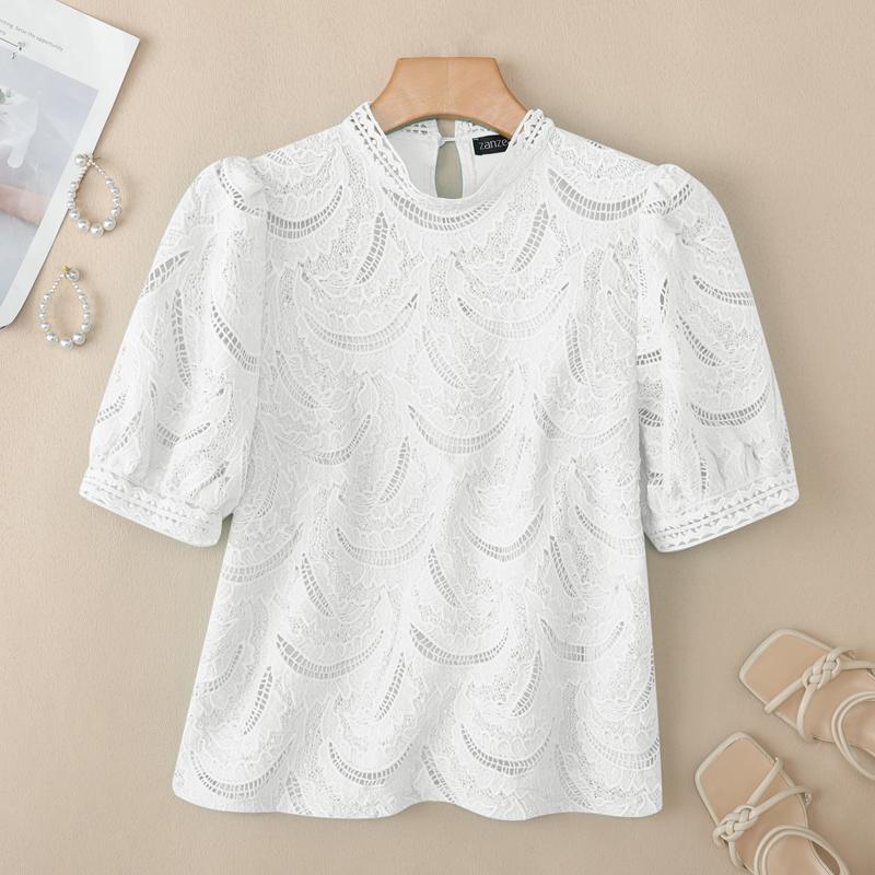 ZANZEA Bluză casual de vară cu mâneci scurte și guler rotund pentru femei, cu dantelă patchwork