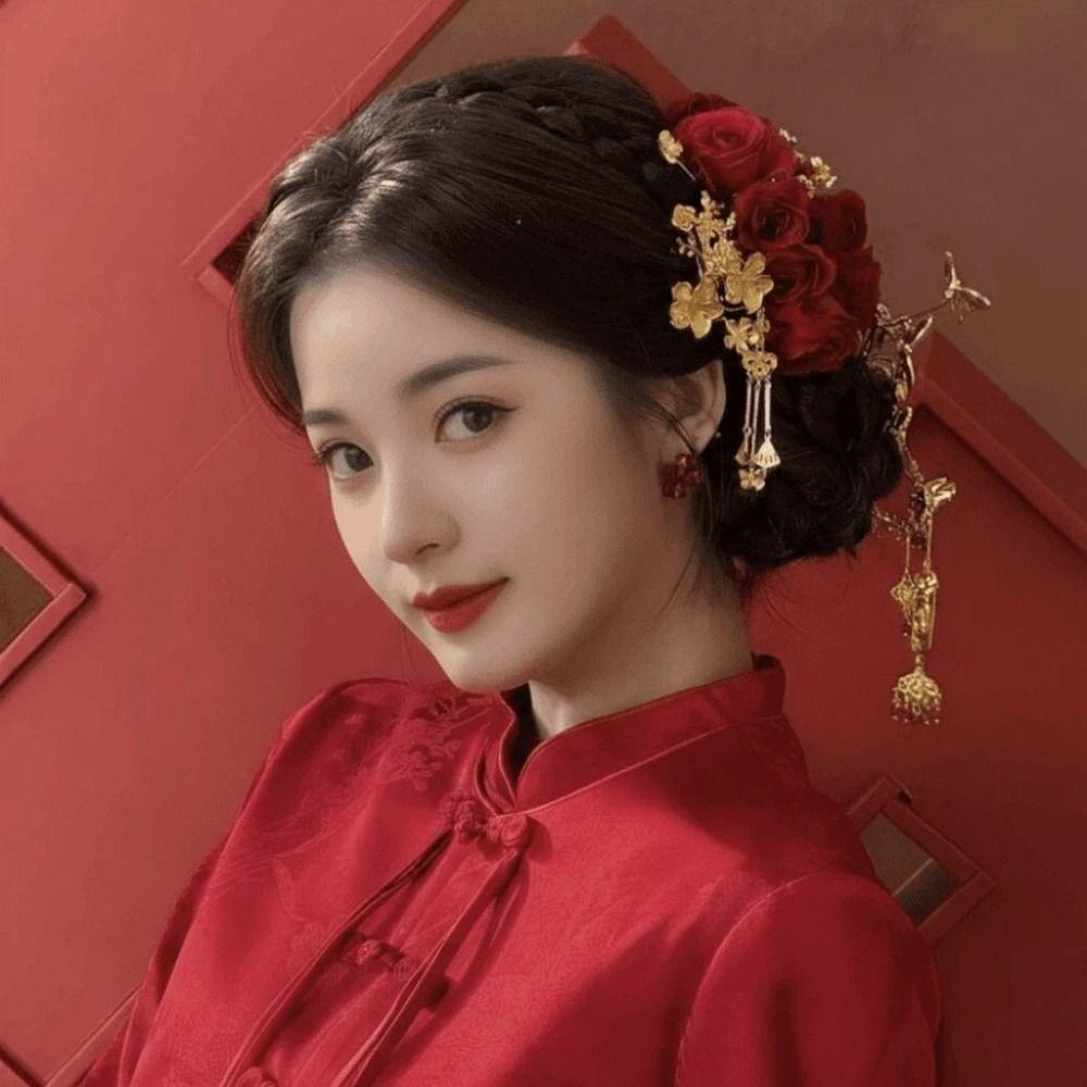 Chinese Style Golden Phoenix Hairpin Sweet Bride Flower Side Clips Beautiful Rose Hair Forks Party