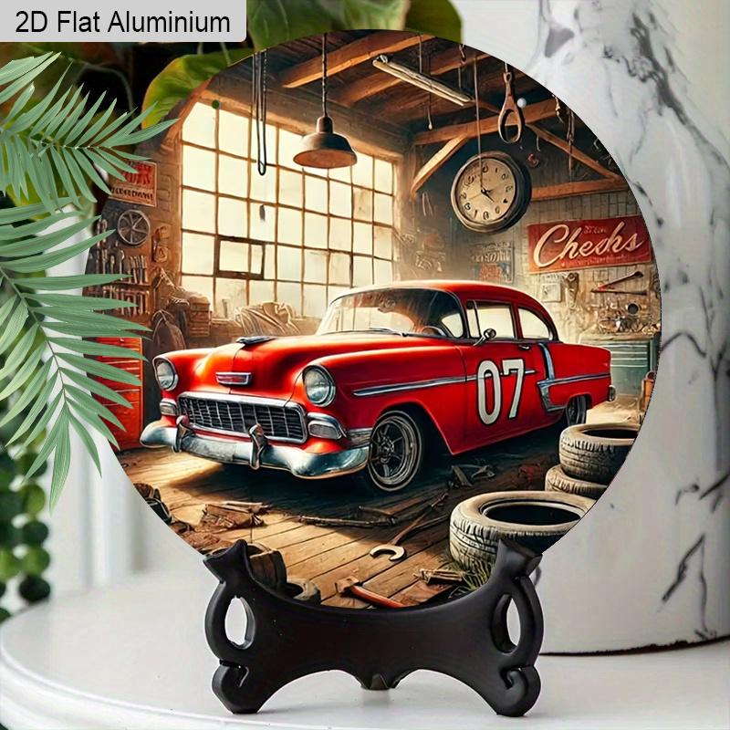 2D Flat Aluminum Vintage Car Garage Round Metal Sign, Classic Red Car with "07" Number Sign for Front Door, Pre-Drilled Holes for Easy Hanging