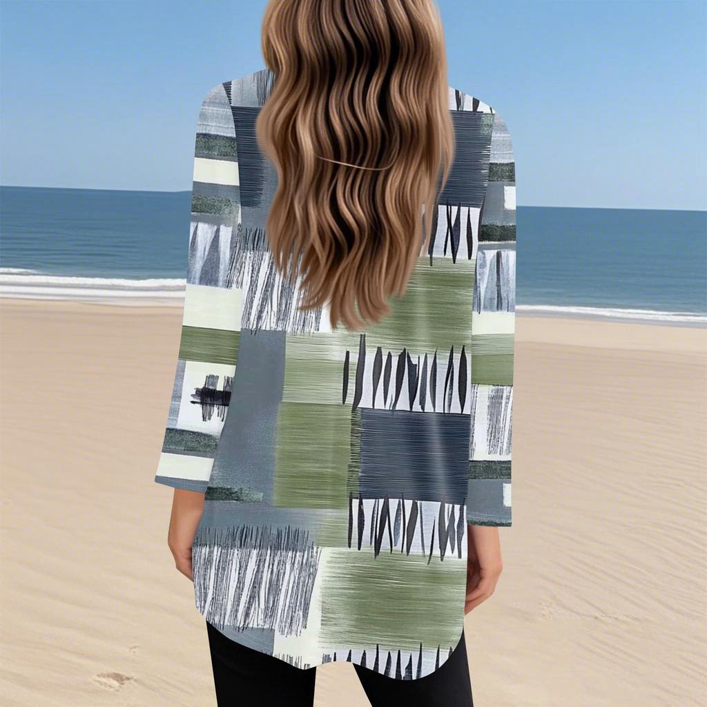 Womens Tops Square Collar Long Sleeve Blouses Casual Mid-length Shirts Fashion Print Tunic Tops With Pockets