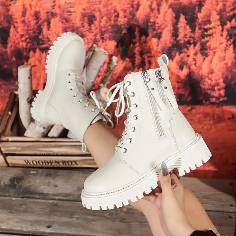 Women Boots High Quality Leather High Top Boot Plush Warm Winter Boots Fashion Motorcycle Booties LaceUp Ankle Boots Botas Mujer