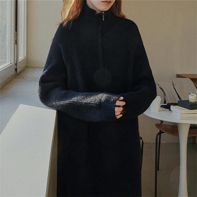 Solid color turtleneck zipper pullover sweater women's autumn and winter knee long dress women's high-end temperament
