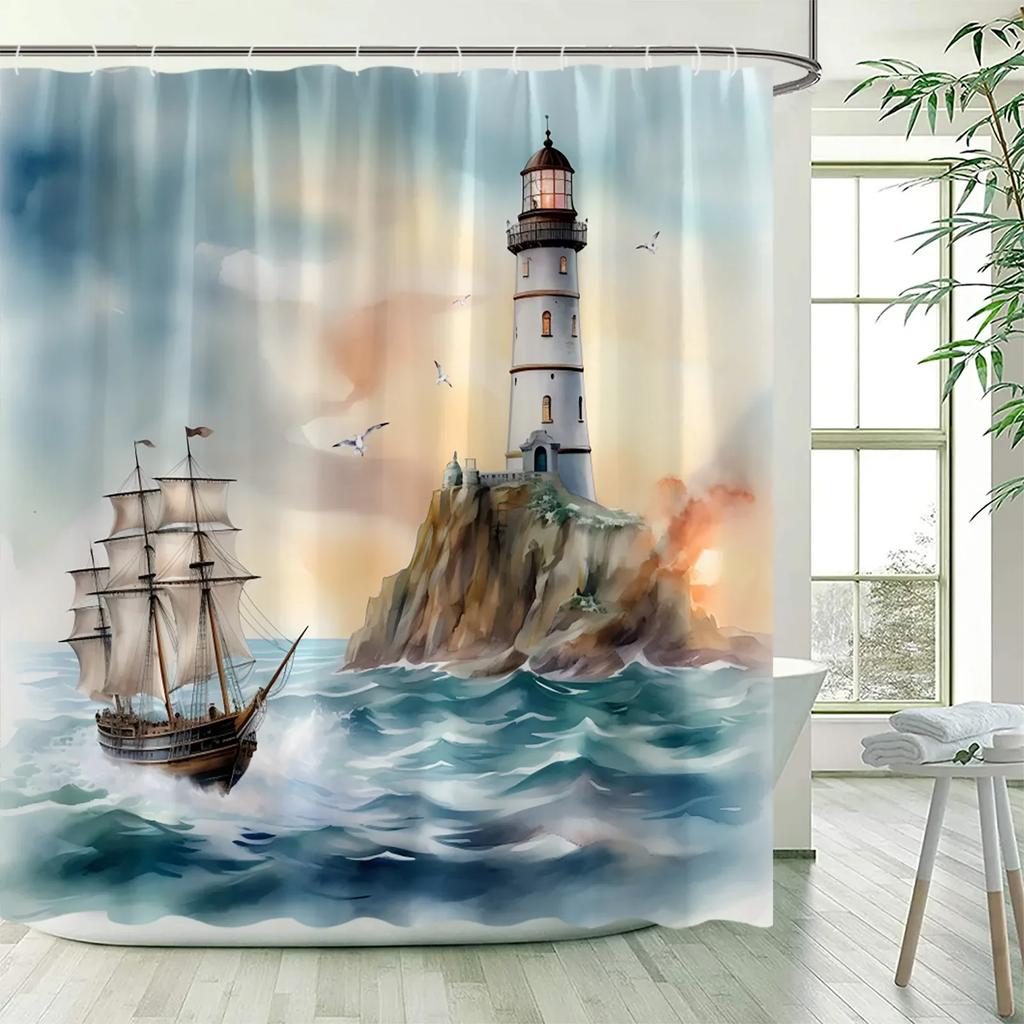 Sea Waves Nautical Shower Curtains Island Lighthouse Sailboat Ocean Landscape Bath Curtain Polyester Bathroom Decor with Hooks