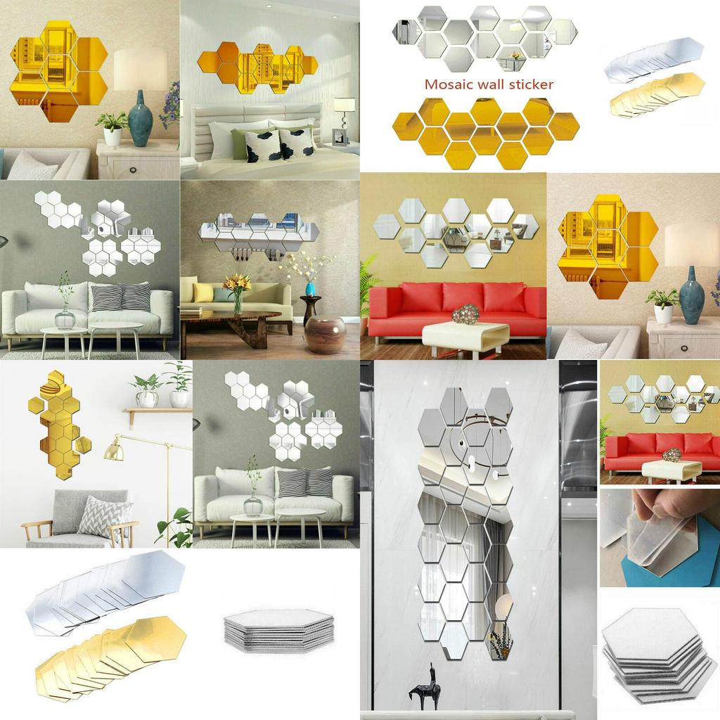 Stylish Hexagon 3d Mirror Mosaic Wall Stickers Self Adhesive Diy Bedroom Art