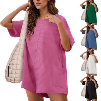 Sommer-Strampler für Damen, kurzärmelig, gerippt, übergroß, wendbar, T-Shirt, Jumpsuit, Shorts mit Tasche