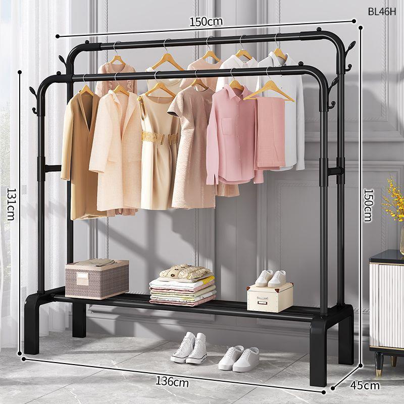 Plastic Floor-Standing Balcony and Bedroom Clothes & Hat Rack, with Folding Drying Pole and Storage.