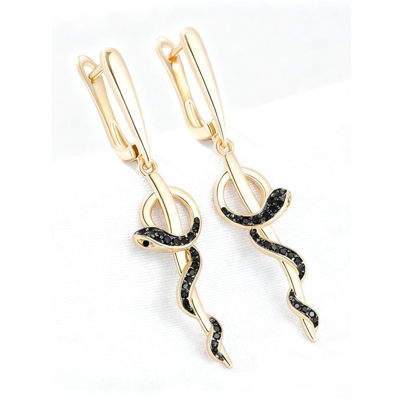 1 Pair Vintage Bohemian Style Black Zircon Snake Drop Earrings For Women Gold Color Vintage Animal Daily Punk Jewelry