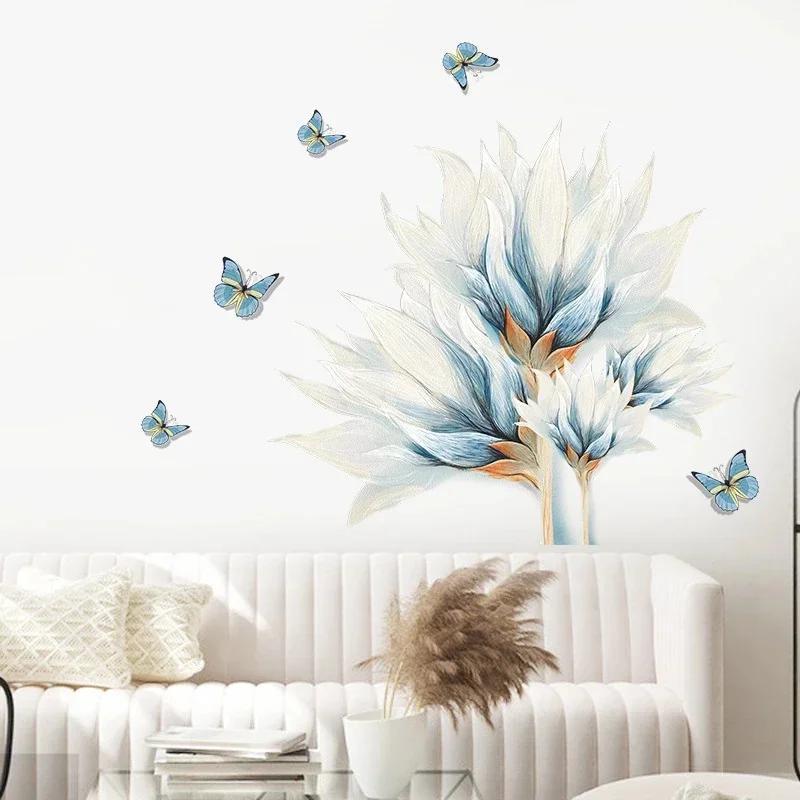 Watercolor Blue Flowers And Butterfly Wall Stickers For Living Room Bedroom Wall Decals Wardrobe Stickers PVC Removable Poster