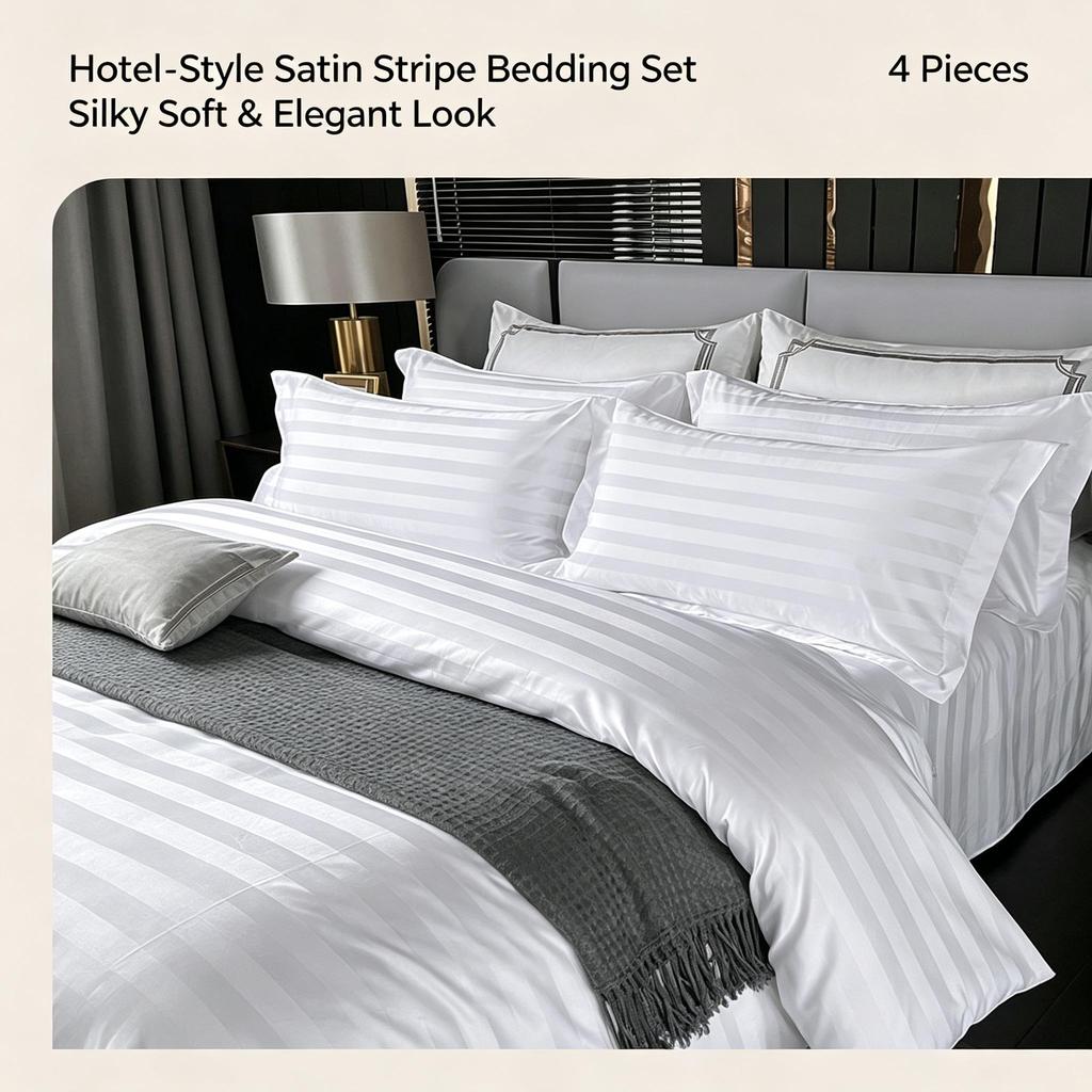 Satin Stripe Polyester Bedding Set Hotel‑Style 4‑Pieces Duvet Cover Kit
