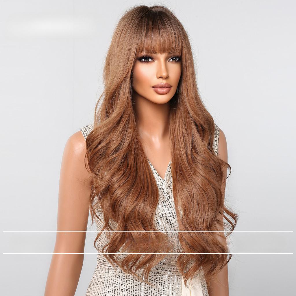 Temperament New Wig, Qi Bangs Golden Brown Big Wavy Long Curly Hair Simulation Natural Chemical Fiber Wig Cover