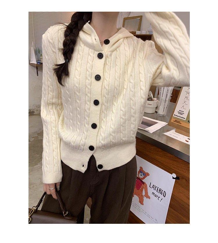 Korean Hooded Cable Knit Cardigan for Women - 2025 Autumn Collection, Button Sweater Coat, Versatile and Stylish.