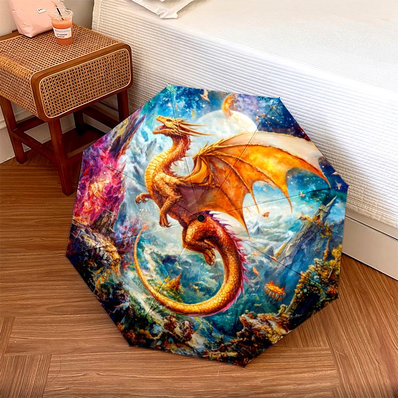 Dragon with Colorful Wings pattern, automatic folding umbrella, portable and foldable design, 8 ribs, a Christmas or birthday gift.