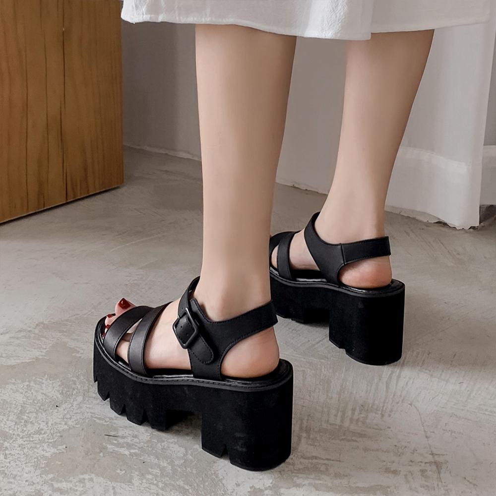 Gdgydh Women's Black Platform Sandals Comfy Open Toe Chunky Heel Buckle Strap Shoes Fashion Casual Solid Color School Shoes