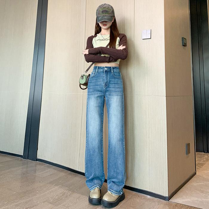 Women's High Waist Straight Leg Jeans Slim Wide Leg Denim Pants Elegant Solid Thick Denim Trousers