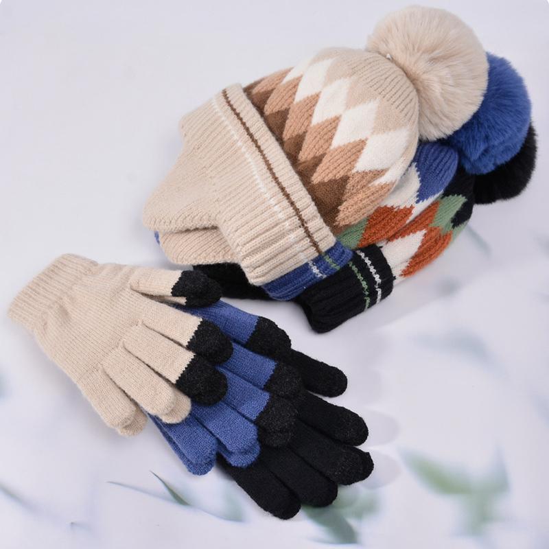 Children's Cap Gloves Ball Color Diamond Knitted Wool Cap Boys Girls Baby Velvet Warm Ear Protection Cap
