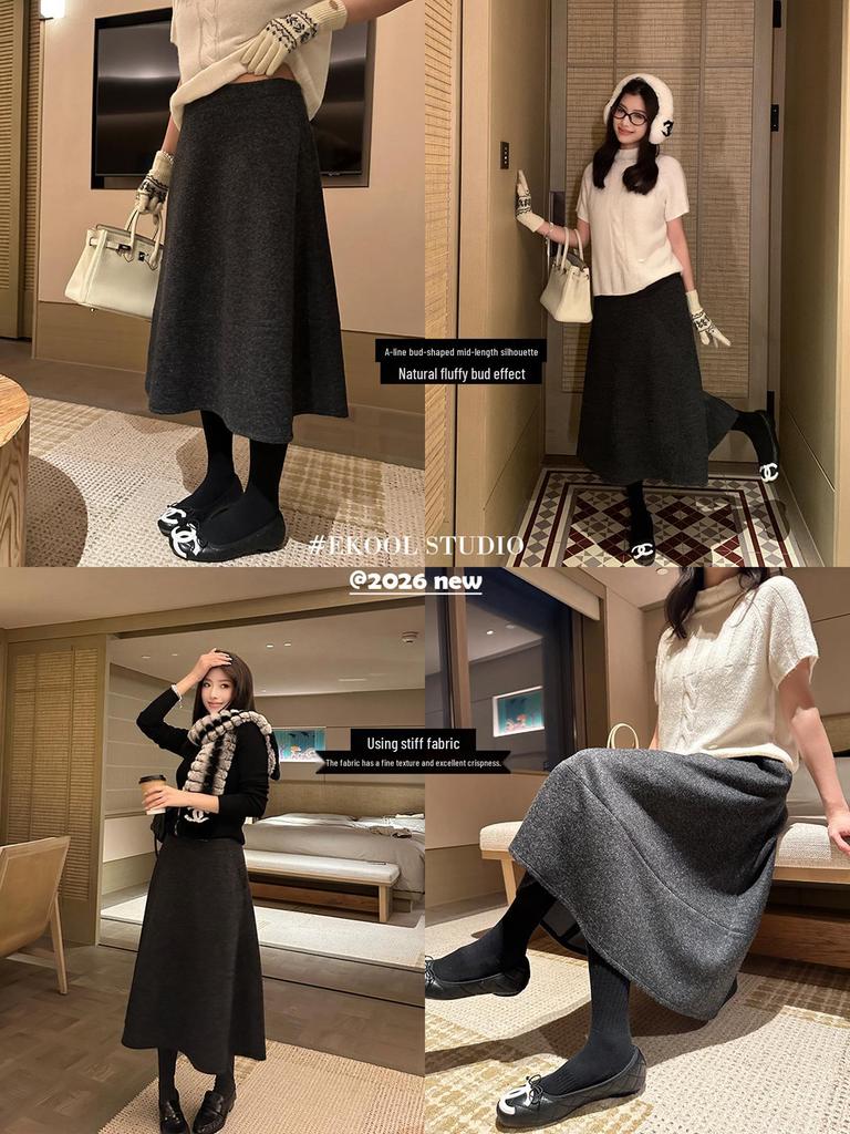 Baisiwang High-Waisted Wool Blend A-Line Skirt - Women's Slimming Mid-Length for Winter