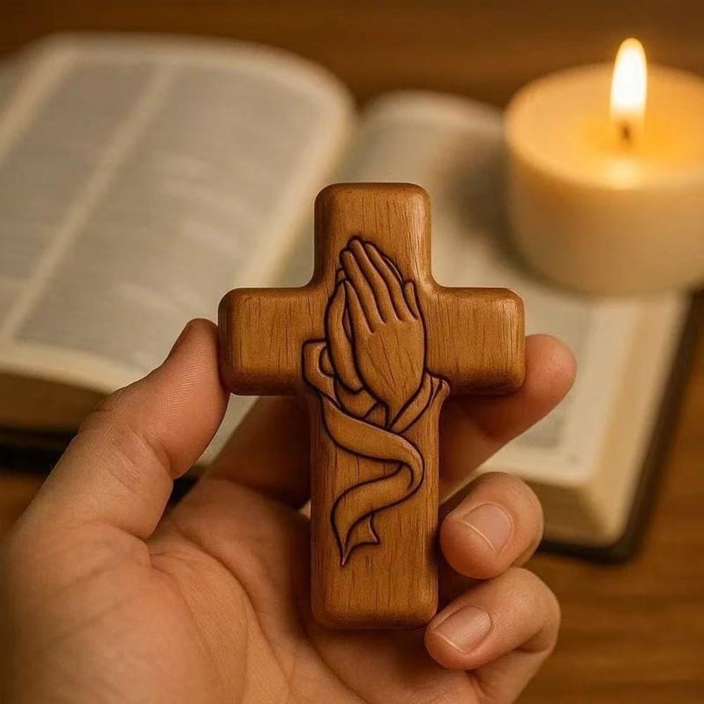 Blessing Pocket Cross Statue Drawstring Bag with Card Mini Wooden Cross Inspirational Fingertip Relaxation Cross Ornament
