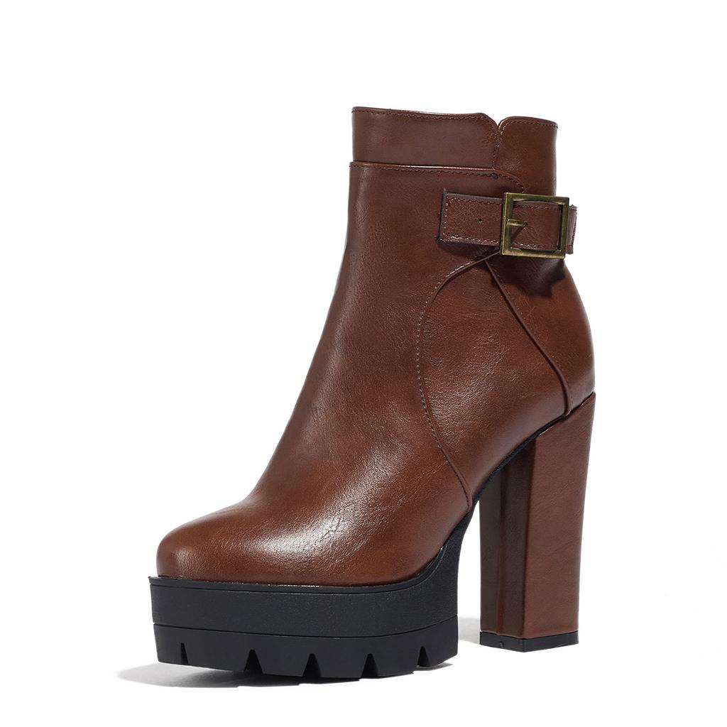 Fashion Sping Autumn Platform Ankle Boots Woman Black Brown PU Leather Shoes Female High Heels Boots Ladies Shoes For Party Big Size 43