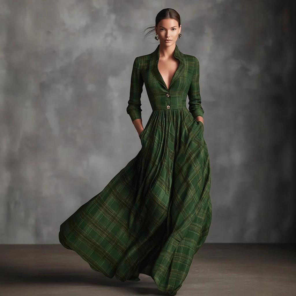 Long Sleeve V-Neck Plaid Dress with Button Front and Pockets