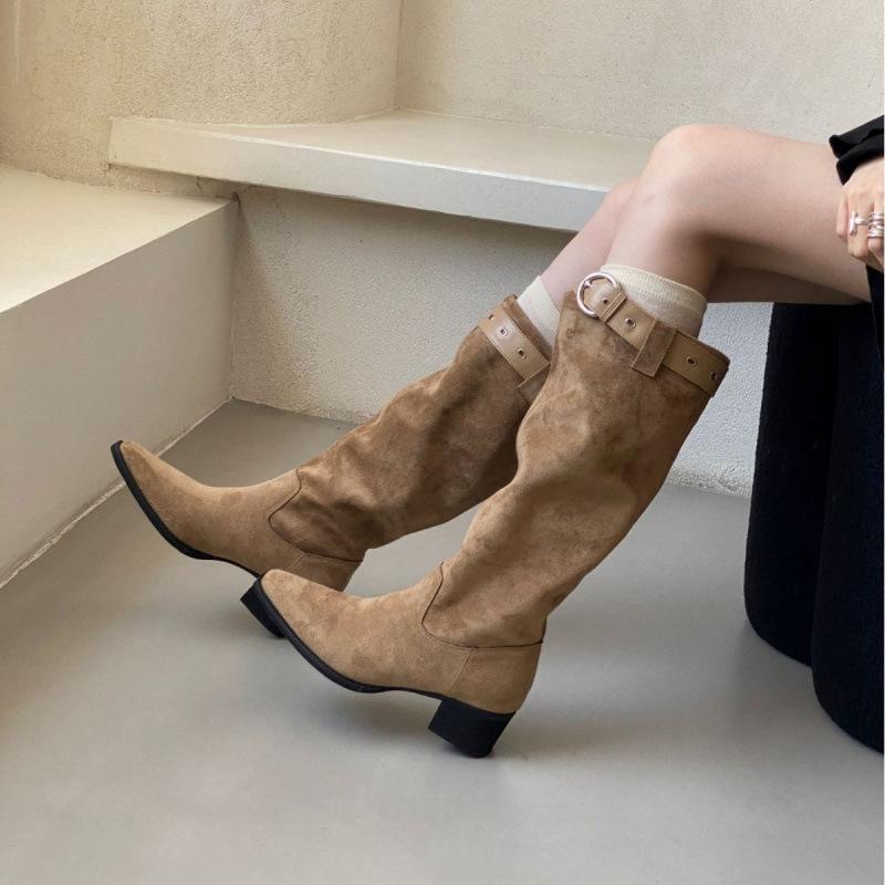 2025 Winter New Round Head Thick Heel Belt Buckle Locomotive Women's Short Boots Versatile Tall Tube Fashion Thin Boots Western Women's Boots