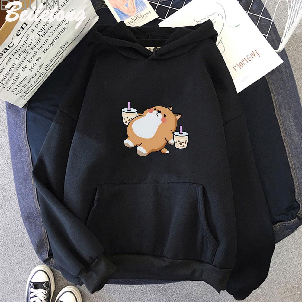 Boba Tea Hoodie Cute Dog Print Oversized Cartoon Women Sweatshirt Hoodie Kawaii Clothes for Girl Pullover Casual Harajuku