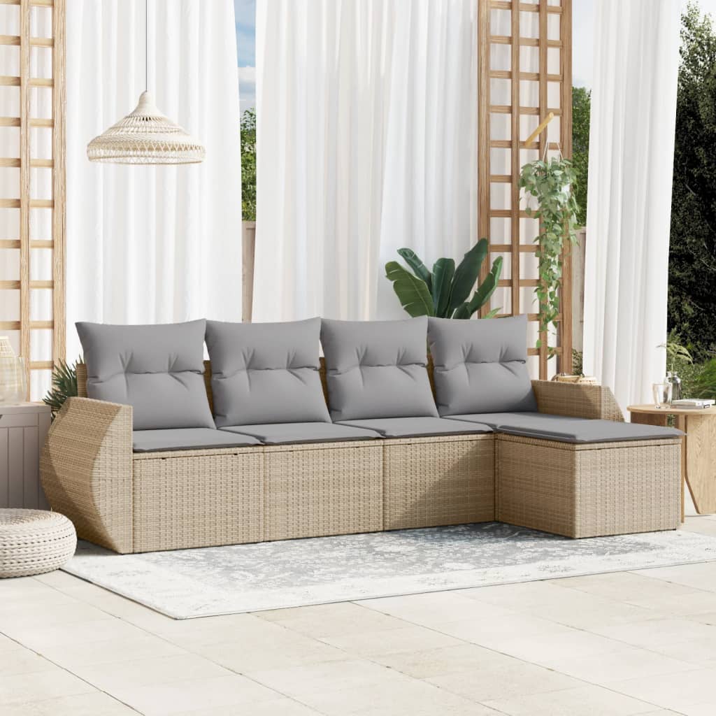 5 Piece Garden Sofa Set with Cushions Beige Poly Rattan