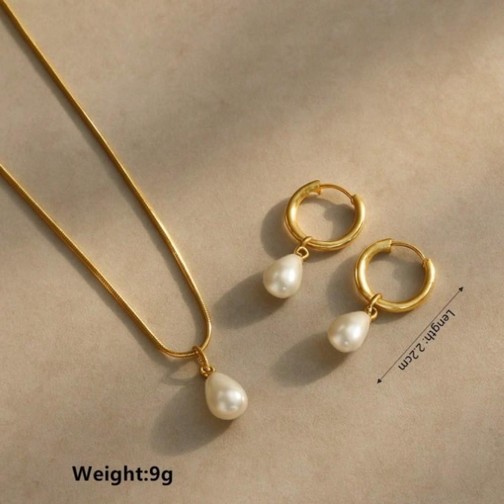Imitation Pearl Pearl Necklace Set Stainless Steel Two Piece Jewelry Set For Women