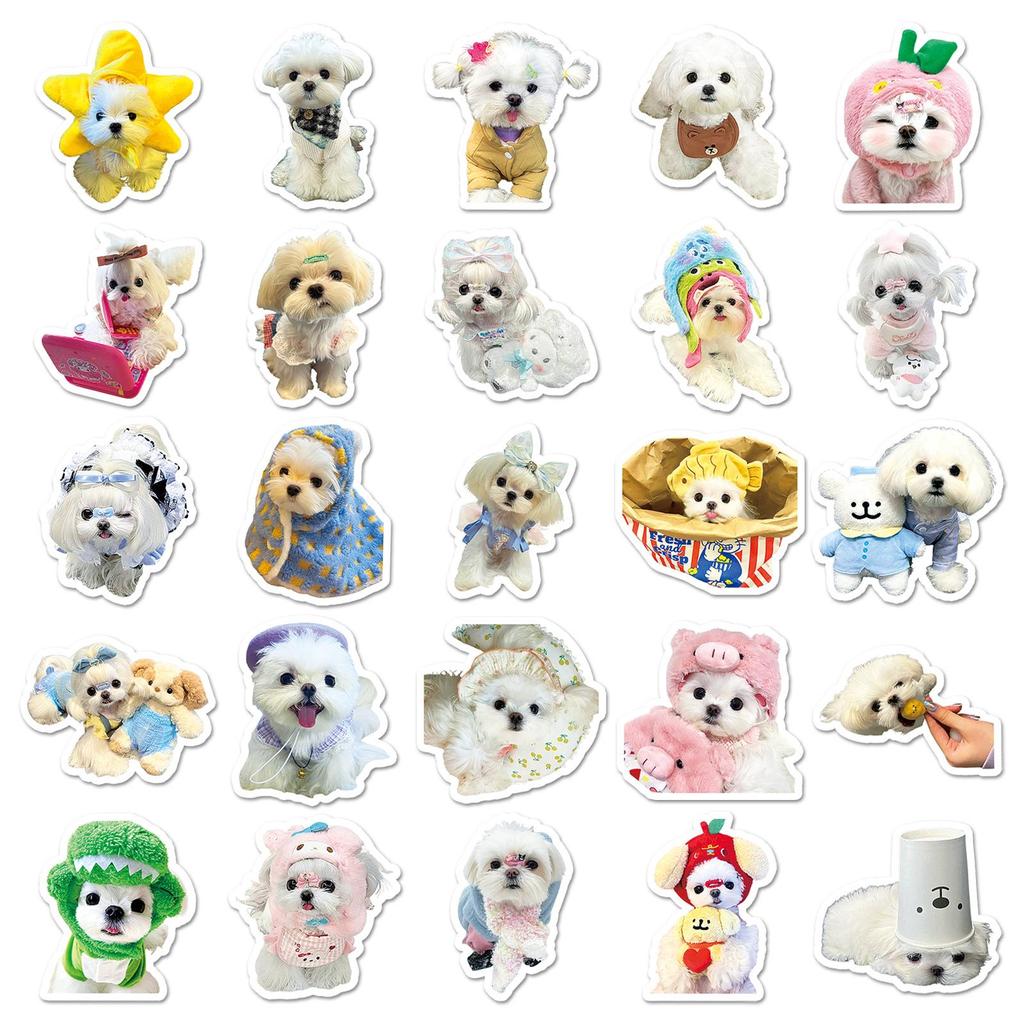 50 Cute Maltese Puppy Stickers: Cartoon Guitar, Journal, Milk Tea Cup Designs