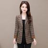 Spring Autumn Vintage Plaid Suit Jacket Women Slim Lapel Contrast Trim Casual Office Blazer