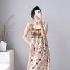 Cotton silk summer bohemian print suspender dress women's ethnic style retro loose medium and long vacation dress