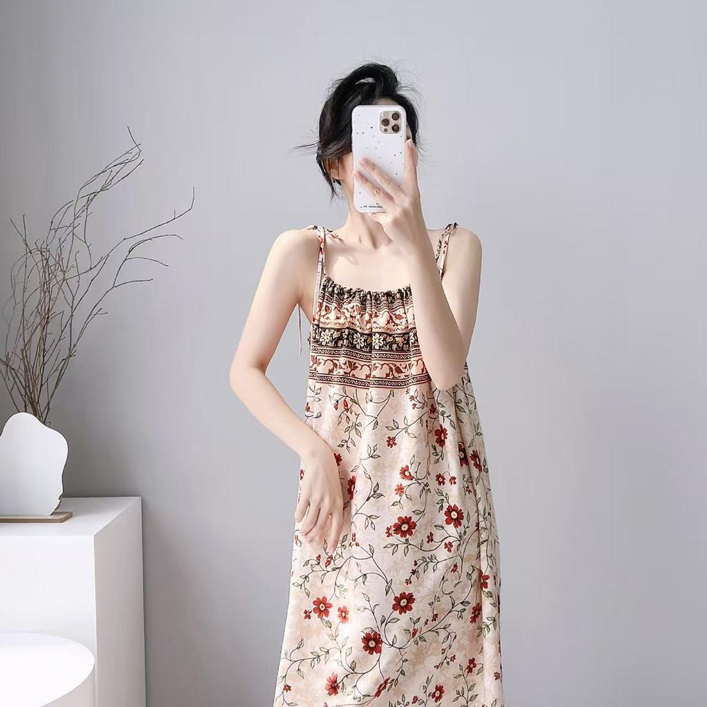 Cotton silk summer bohemian print suspender dress women's ethnic style retro loose medium and long vacation dress