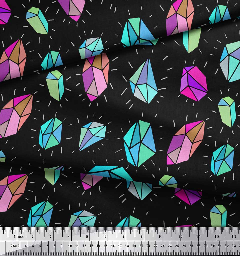 Soimoi Black Japan Crepe Satin Fabric Crystal Stone Geometric Print Fabric by the Metre 42 Inch
