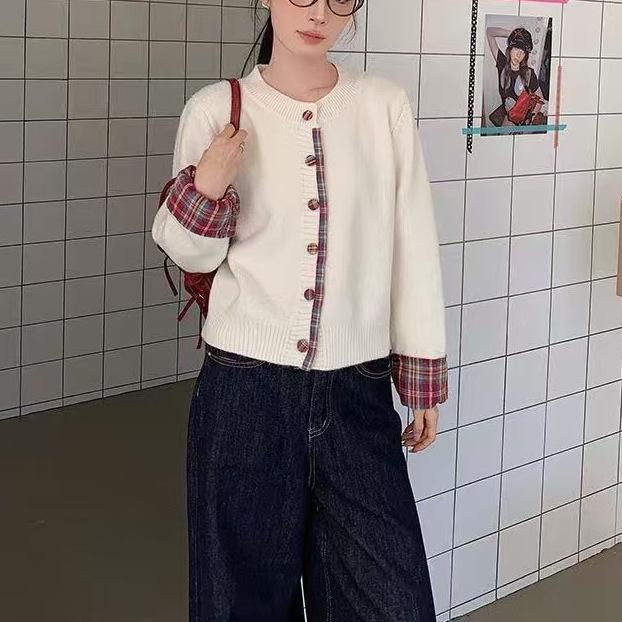 Korean-Style Patchwork Plaid Sweater Cardigan, Round Neck, Loose Casual Fit, Autumn/Winter 2024
