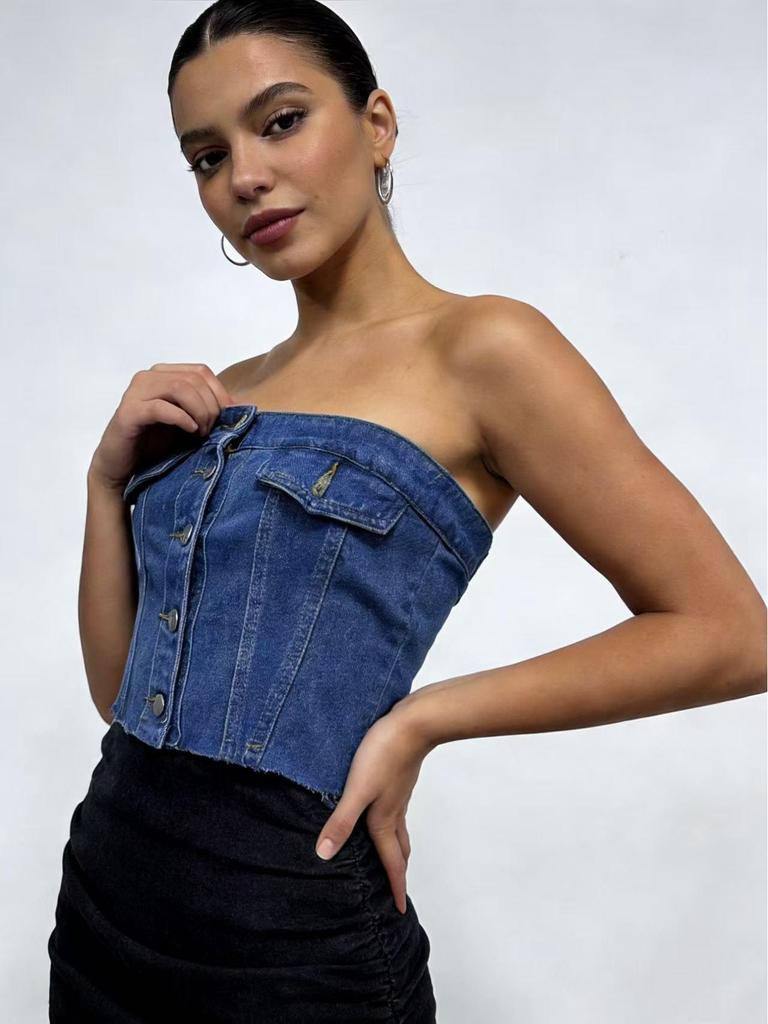 Blue Slim-Fit Denim Bandeau Top
