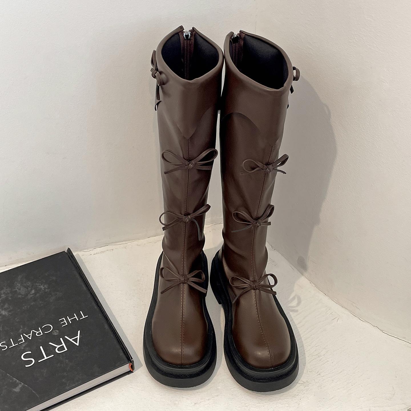 

Brown Retro British Platform Boots Women s Boots 2025 New Autumn Maillard Skinny Knight Boots 39 коричневый