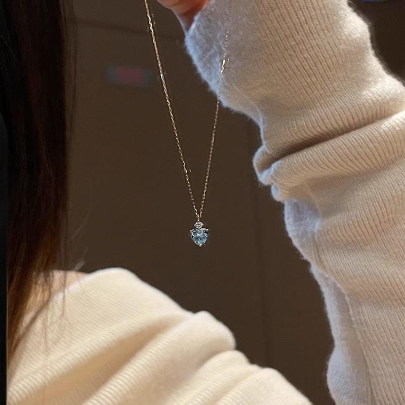 Blue Ocean Heart Aquamarine Rhinestone Pendant Necklace