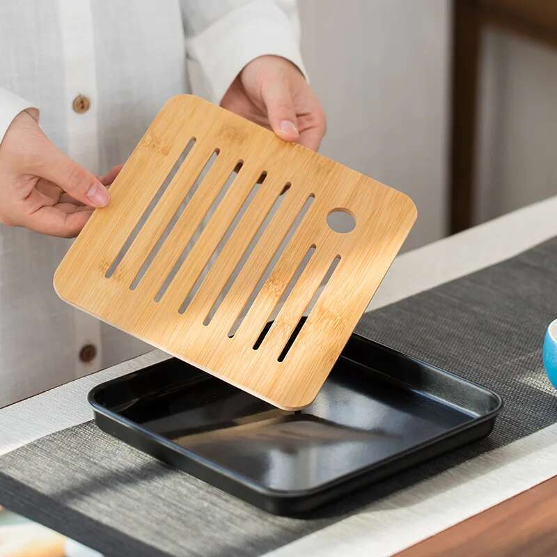 Bamboo Chinese Gongfu Tea Tray Box with Water Storage Drainage Serving Wood Marble Holder Table