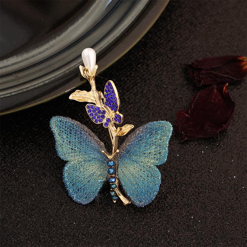 

Ретро национальный стиль легкая роскошная вышитая ткань бабочка брошь синяя бабочка высокая имитация пресноводного жемчуга булавка аксессуары украшения