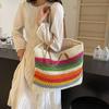 New Rainbow Contrasting Stripes Hand-woven Straw Bag Casual Versatile Seaside Vacation Shoulder Bag