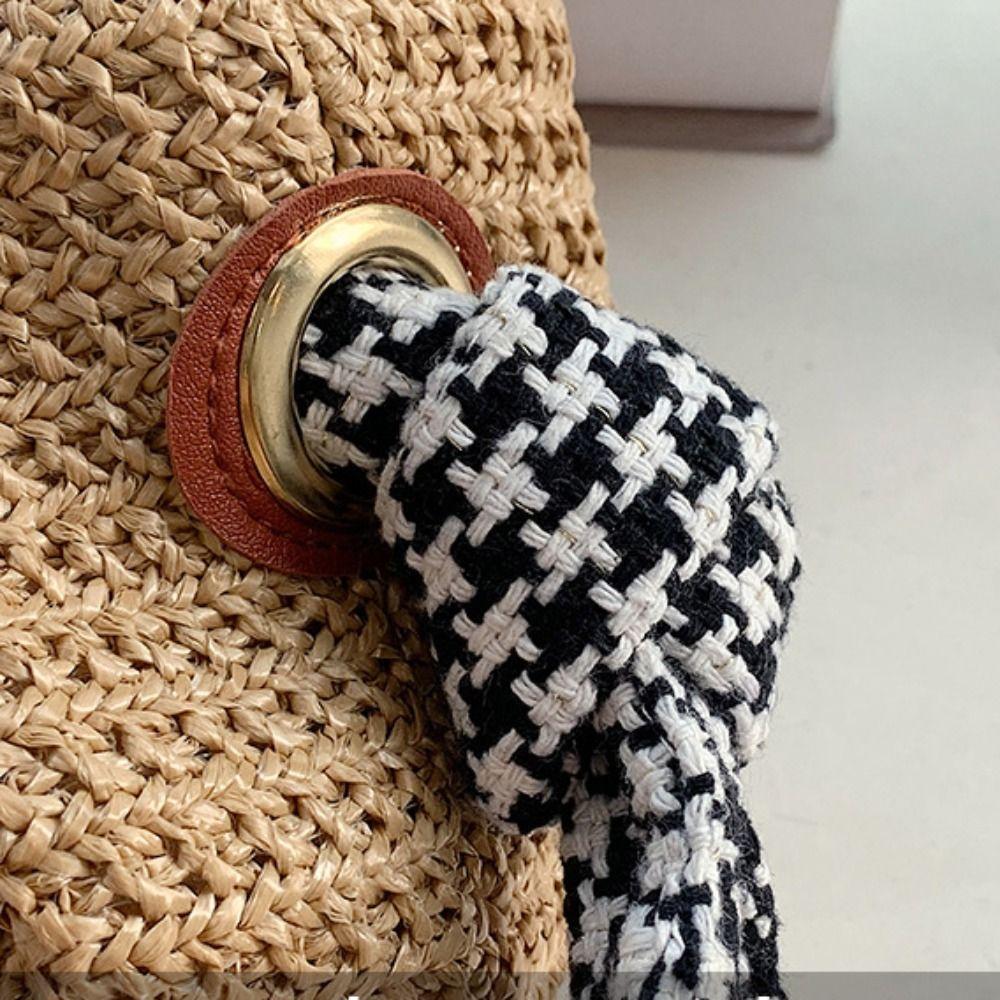 Casual Bohemian Straw Shoulder Bag Houndstooth Hollowed Out Weave Tote Bag Handbag Large Capacity Beach Bag Outdoor