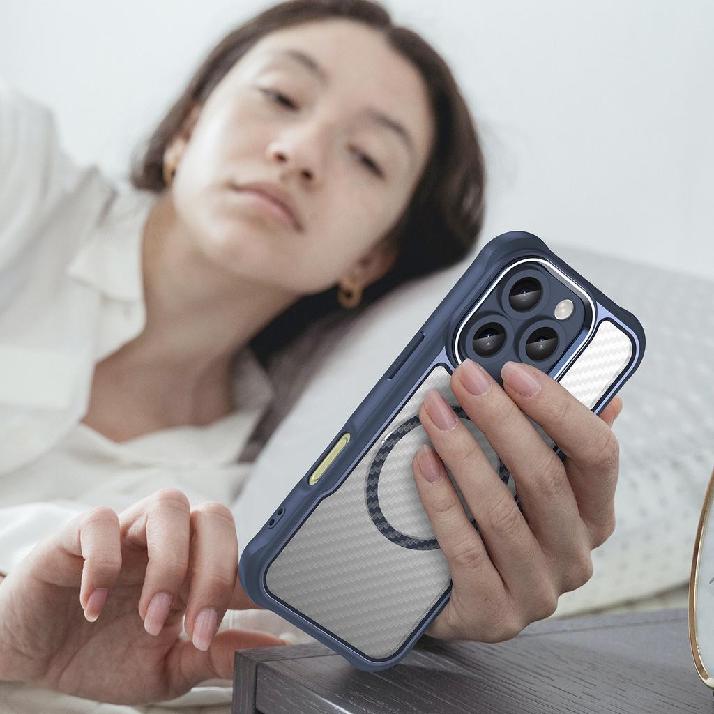 For iPhone 16 Pro Max Magnetic Case Carbon Fiber Texture TPU+PC Phone Cover