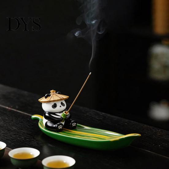 Incense Ash Catcher Fishing Panda Stick Holder, Leaf Boat Burner, Sticks Holder Tray for Yoga Meditation Spa Room Decoration Hand Painted