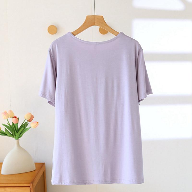 Women O-neck T-shirt with Built-in Bra Casual Solid Color Short Sleeve Top